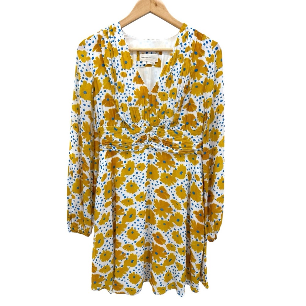 Anthropologie Vera Buttercup Dress Small White Yellow Flower Print Ruched Waist - Picture 5 of 10